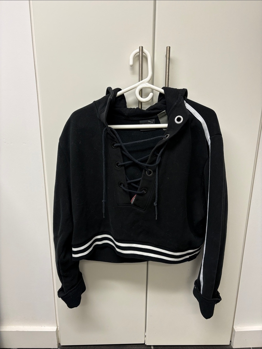 Puma by Rihanna - Black Lace-Up Cropped Hoodie with White Stripe Trim